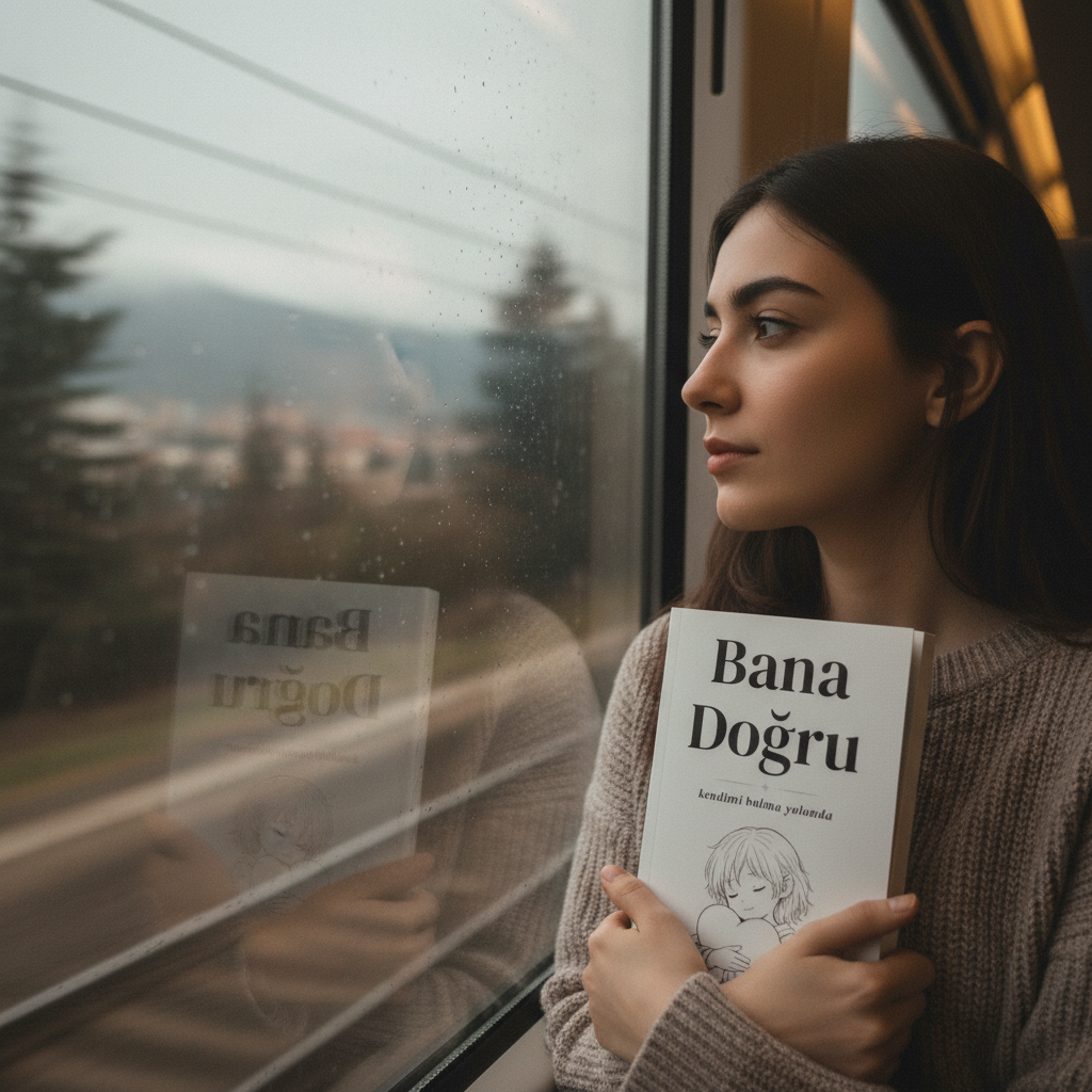 Woman reflected in train window holding 'Bana Doğru', blending exterior scenery with artistic, moody lighting for a poetic, introspective scene.