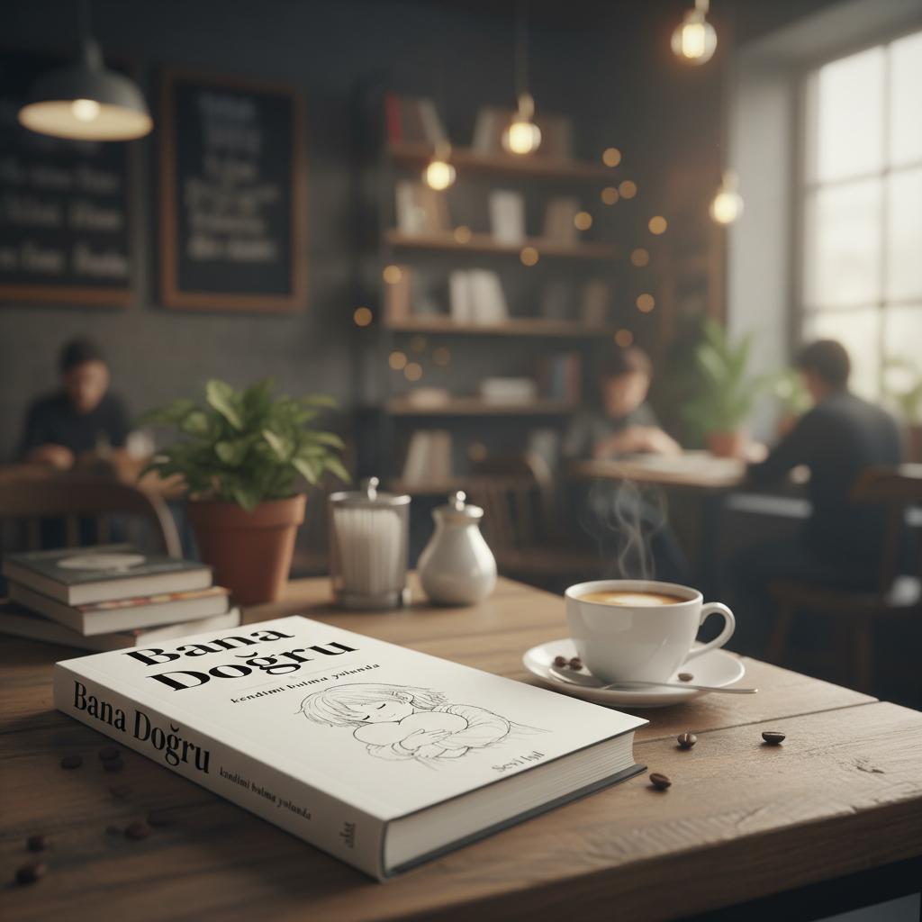 Wide-angle view of the cafe with 'Bana Doğru' hardcover on a warm table, soft lighting and dynamic tilt create a cozy, inviting space for discovery.
